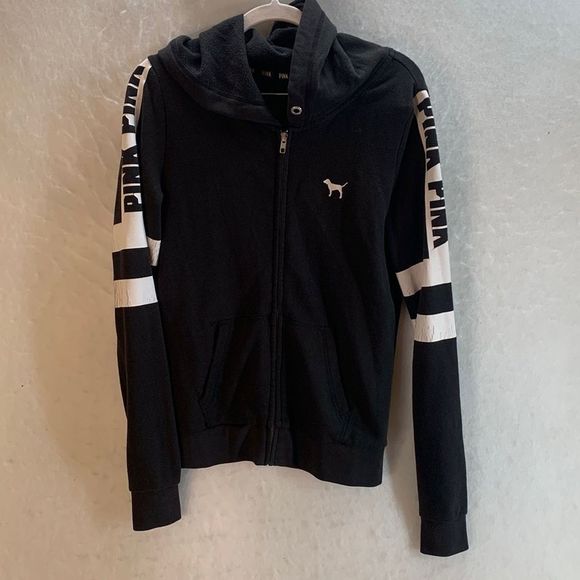 PINK Victoria's Secret Tops - Victoria’s Secret PINK full zip hooded sweatshirt small striped sleeves